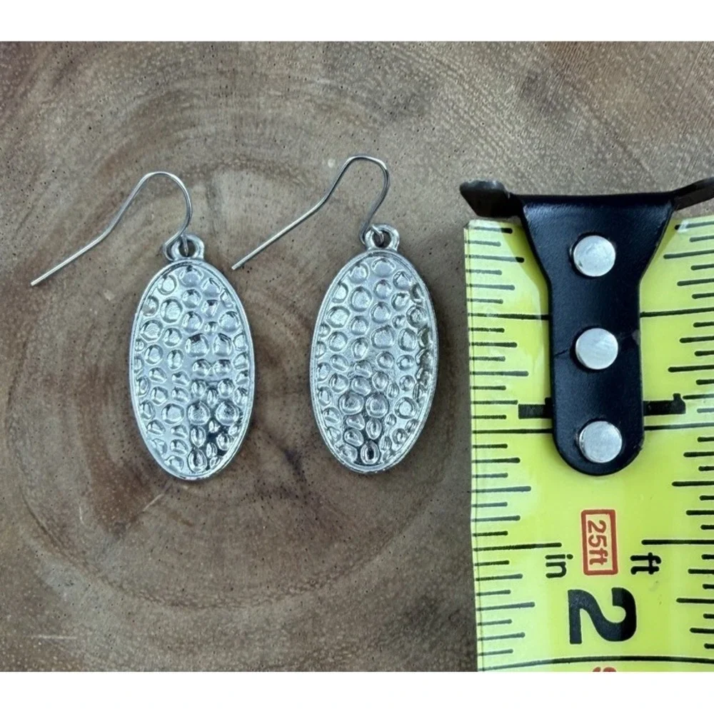 Womens Hammered Silver Oval Dangle Drop Earrings Statement Teardrop Western Boho